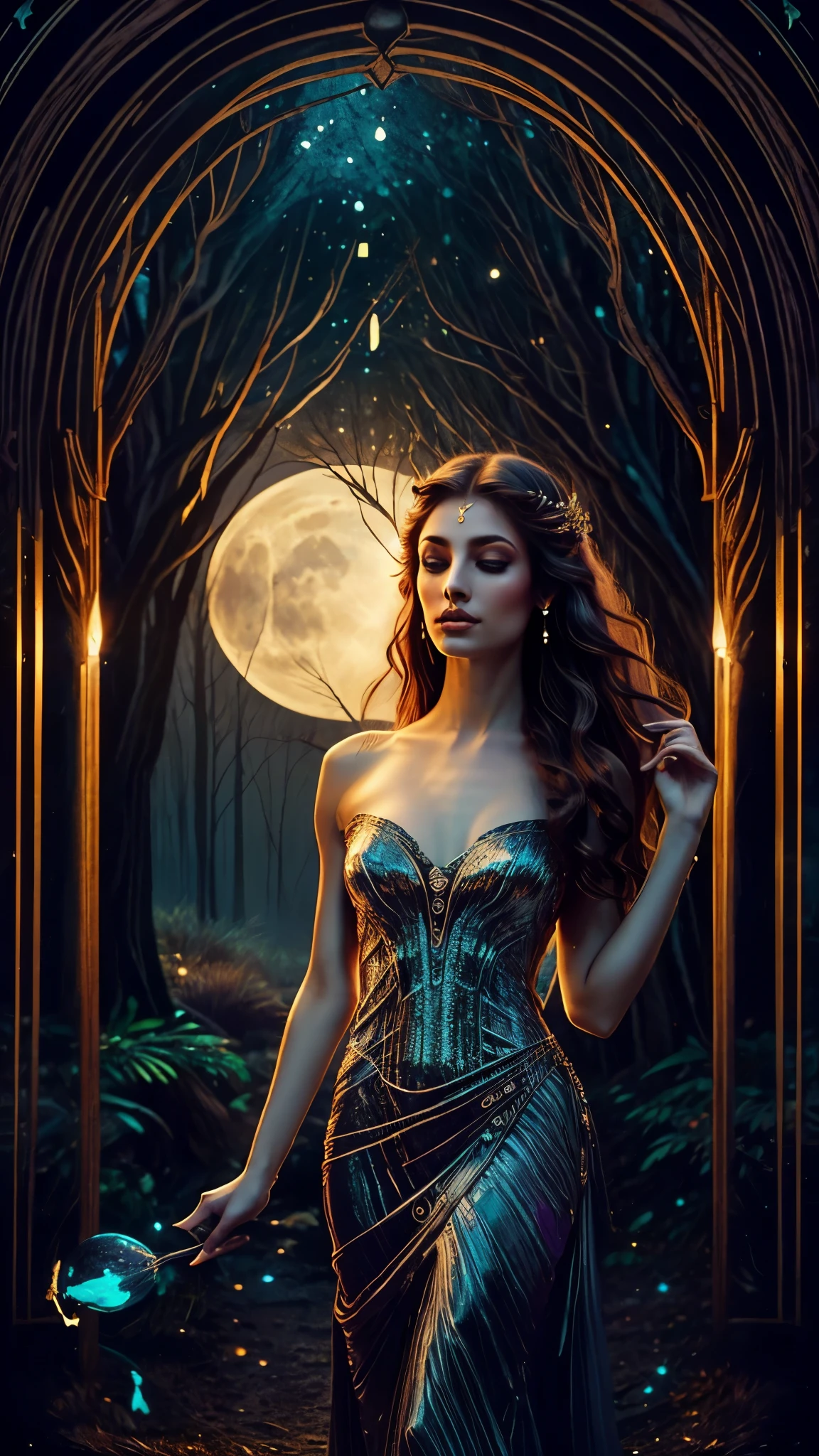 (bests),ultra-detailed,(photo-realistic:1.37),ethereal half-wolf half-woman,celestial forest at night,beautiful detailed eyes,beautiful detailed lips,extremely detailed eyes and face,longeyelashes,soft long hair,flowing dress,glowing skin,marvelous purple and blue tones,mysterious atmosphere,moonlit lighting,sparkling stars,dense fog,whispering trees,mystical aura,tranquil surroundings,silence interrupted by the sound of howling,wisps of magic in the air,wolf traits blending with feminine elegance,majestic posture,moonlight reflecting on her ethereal form,enchanting gaze,captivating presence,otherworldly beauty,dreamlike ambiance,mystical bond with nature,graceful movements that echo the forest's rhythm,dark shadows intertwining with moonlight reflections,fleeting glimpses of the wolf within her,hint of a secret,unexplored depths within her eyes,sense of wonder and mystery,peaceful harmony between human and beast,the night embracing her earthly and wild essence