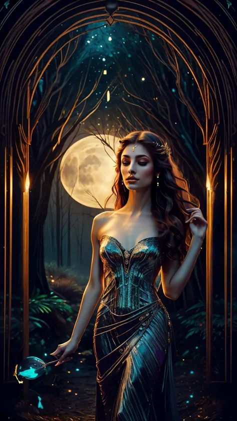 (bests),ultra-detailed,(photo-realistic:1.37),ethereal half-wolf half-woman,celestial forest at night,beautiful detailed eyes,be...