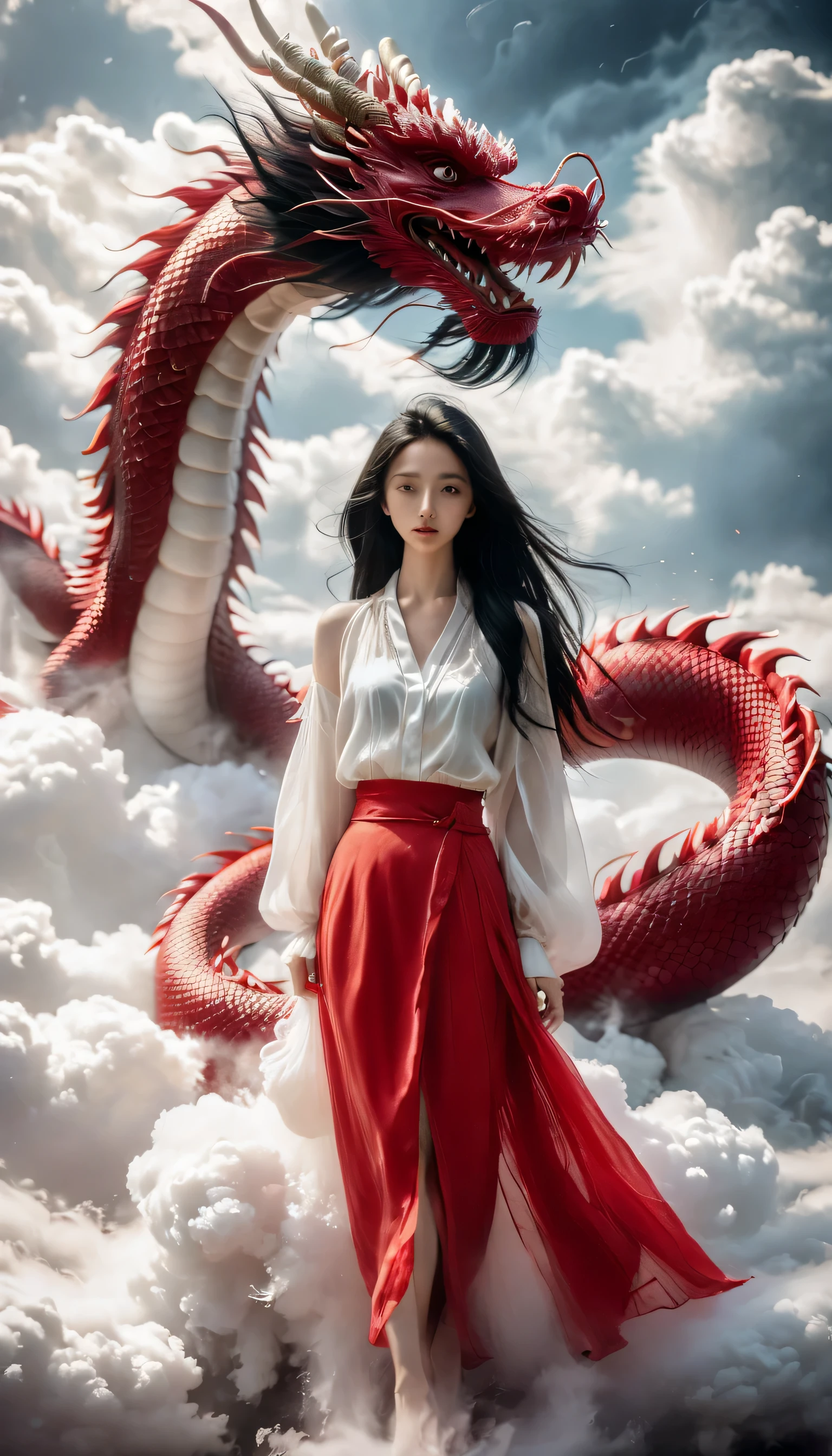 1 girl, alone, full body, long hair, chest, looking at the viewer, black hair, red skirt, closed mouth, Are standing, cloud, lips, cloudy, null, white dragon,Dragon CB,