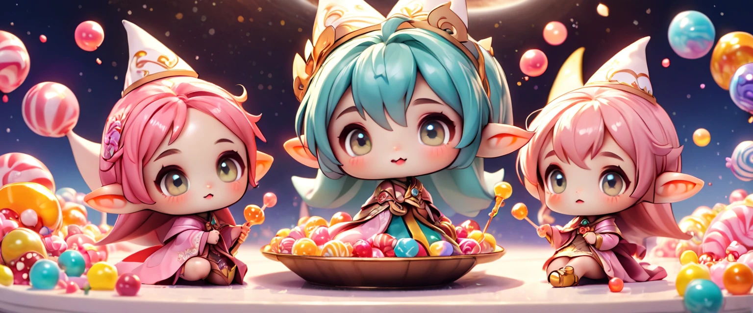 (long shot:2.0),(wide shot:2.0),#quality(8k,wallpaper of extremely detailed CG unit, ​masterpiece,hight resolution,top-quality,top-quality real texture skin,hyper realisitic,increase the resolution,RAW photos,best qualtiy,highly detailed,the wallpaper),(many chibi elves are living on the huge candy), BREAK ,#many elves(chibi,cute, kawaii,small kid,hair color random,hatted,eye color random,big eyes,everyone so happy), BREAK ,#background(huge candy is a small planet,many chibi elves living on the huge candy,they make houses by candy:2.0,elves looks so small from far above:2.0),very cute world,(landscape:2.0)