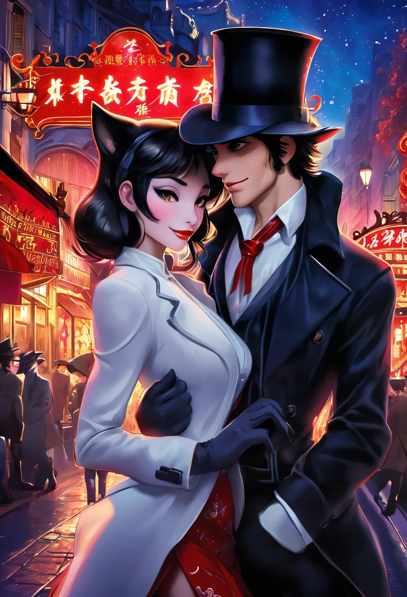 movie poster, movie artwork, concept art of love, romance novel cover, highres, top quality, best quality, perfect artwork, absurdres, perfect anatomy(couple, young 1male detective, 1woman in Chinese dress)(furry, kemono, anthro) in a city street at night, moulin rouge,