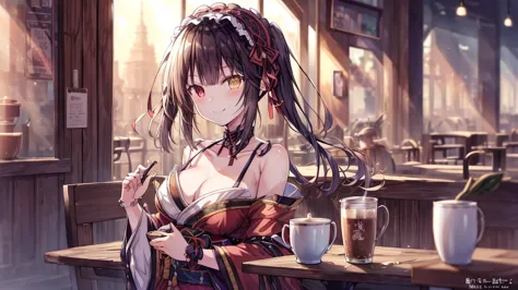 (original photo, best quality), 1 girl, tokisaki kurumi, natural lighting, upper body, cafes, smile, satosh khan art style