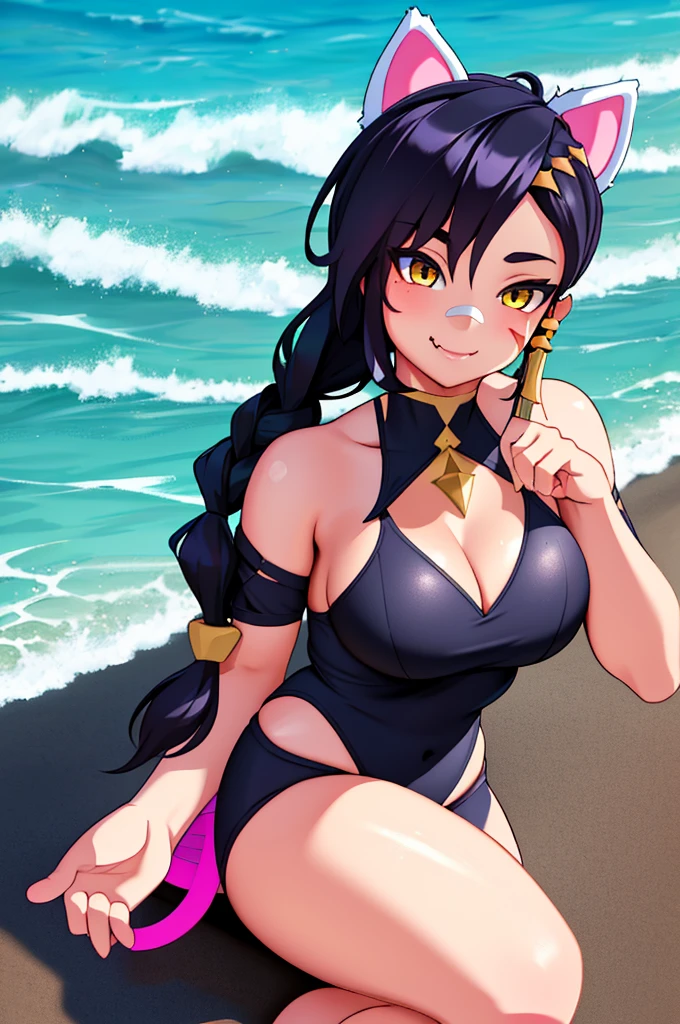 Erisa, 1girl, solo, long hair, looking at viewer, black hair, bandaid on face, yellow eyes, animal ears, smile, bandaid on nose, braid, cat ears, bandaid, bangs, breasts, fake animal ears, simple background, fang, bare shoulders, scar, bare shoulders, closed mouth, hair over one eye, portrait, hair over shoulder, legs, seductive, bathing suit, 2 piece swimsuit, beach, realistic, highly detailed face, detailed eyes, best quality, masterpiece, ultra detail, ultra high res, extreme detail, 8k, uhd, voluptuous, curvy, thick thighs, milf