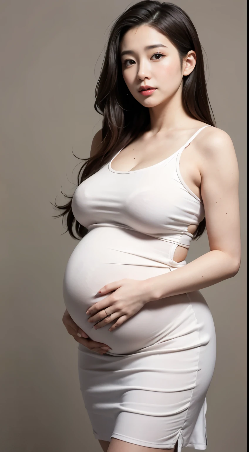 A pregnant woman in a white dress poses for a picture - SeaArt AI