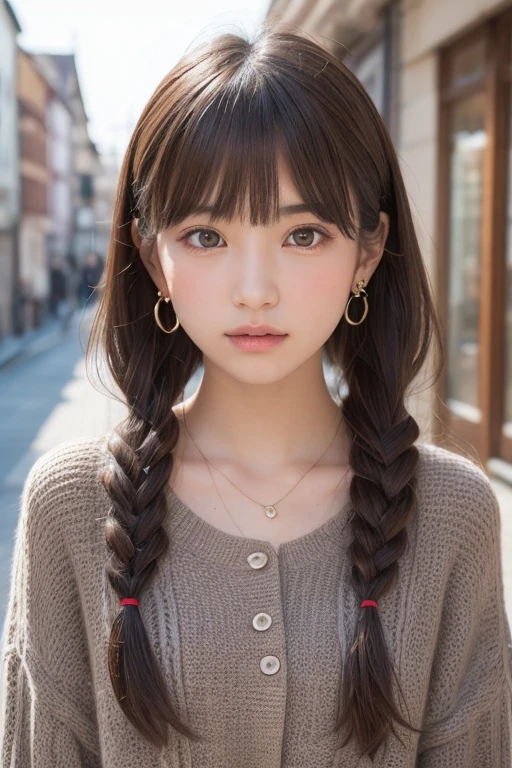 one girl, (a beauty girl, Delicate girl:1.3), (13 years old:1.3),
break, (Street view:1.2), (Winter clothes:1.2),
break, very fine resolution, (symmetrical eyes:1.3),
break, small breasts, brown eyes, parted bangs, brown hair,  girl,
break, (Eye and face details:1.0), (get closer to the face, zoom in on the face, face focus:1.0),
break, (masterpiece, highest quality, super detailed, detailed face, 8K)、From above、earrings、twin tails