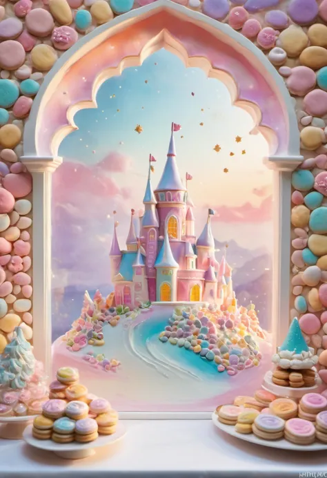Chocolate Wall Castle, Cookies window, Marshmallow Roof,pastel colors, Fantasy lights, fantasy setting, Sweet, Charming atmosphe...