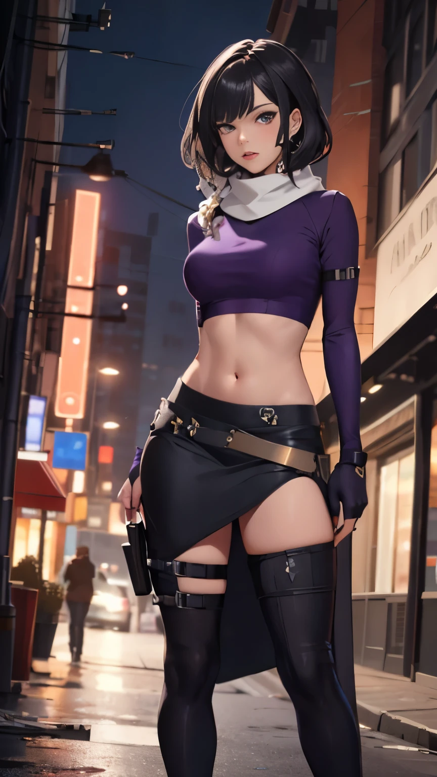 (Highly quality, masterpiece, detailed), city detailed scenario, city detailed background, solo, kateb2023, 1girl, purple outfit, purple top, white scarf, black hair, bare arm, tactical, utility belt, purple glove, archer, bare midriff, half skirt, navel, perfect face, beautiful eyes, look at the viewer, Sexy pose