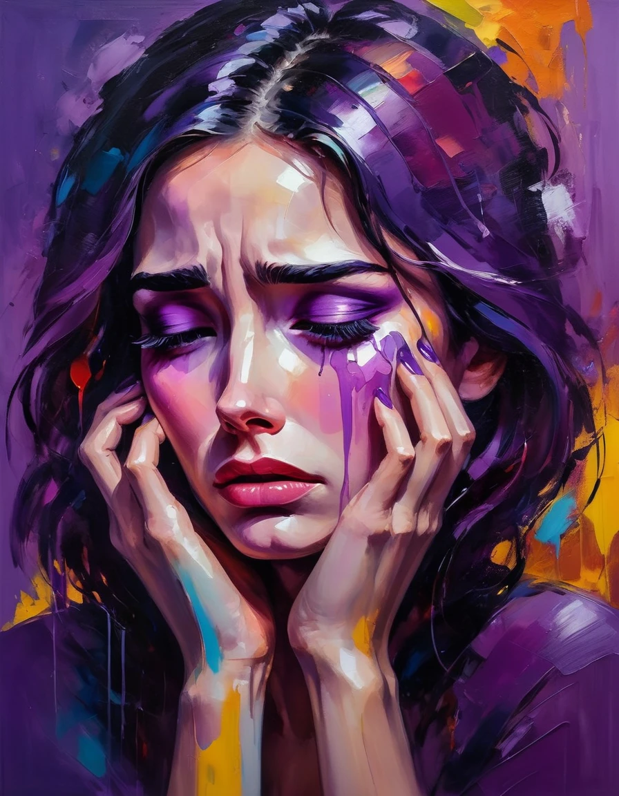 Una mujer llorosa con un fondo morado., Colores brillantes, pinceladas de colores, estilo de pintura al óleo, expresivo, Abstracto, nivel alto, lleno de emociones, iluminación misteriosa, dramático, y tristeza profunda.