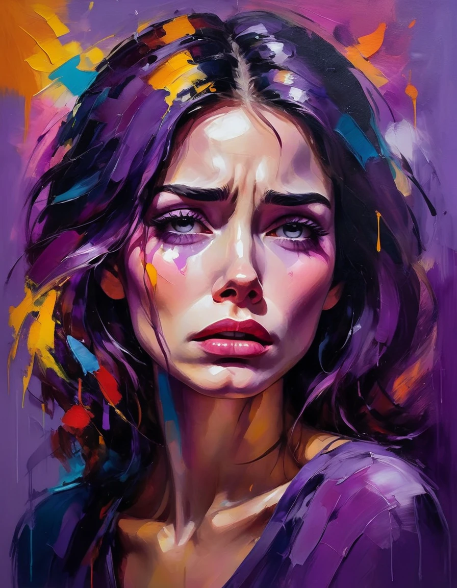 A tearful woman with a purple background, bright colors, colorful brushstrokes, oil painting style, expressive, abstract, high-level, full of emotions, mysterious lighting, dramatic, and deep sadness.