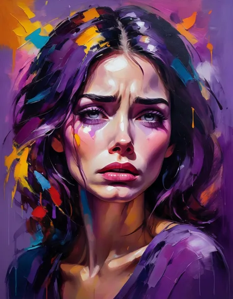 A tearful woman with a purple background, bright colors, colorful brushstrokes, oil painting style, expressive, abstract, high-l...