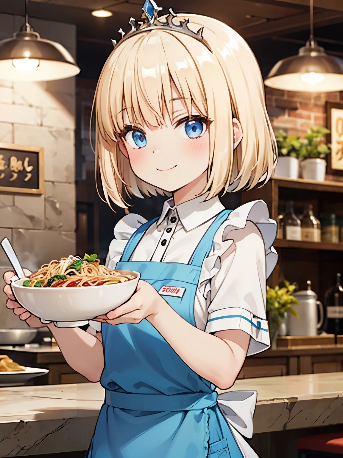 woman portrait ,blonde,Upper body,jeans、黄色のapron、シロ色shirt、WhiteＴshirt、sweater　Clothes,restaurant,cinematic lighting、smile、blush、beautifully styled hair、straight、apron、ramen、黄色いapron、tiara、meal、ingredients