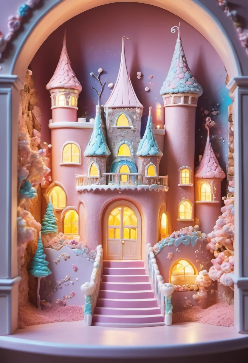 Chocolate Wall Castle, Cookies window, Marshmallow Roof,pastel colors, Fantasy lights, fantasy setting, Sweet, Charming atmosphere, Mouthwatering details, Complex buildings, Magical environment, Sweet joy, Vibrant and whimsical, Fairytale landscape, visually stunning, exquisite craftsmanship, Pleasing beauty, Exquisite sugar sculpture, Pleasing texture, Creamy smooth, indulgent treat, Candy heaven, Sweet and seductive, Sweet wonderland, Delicious and magical.