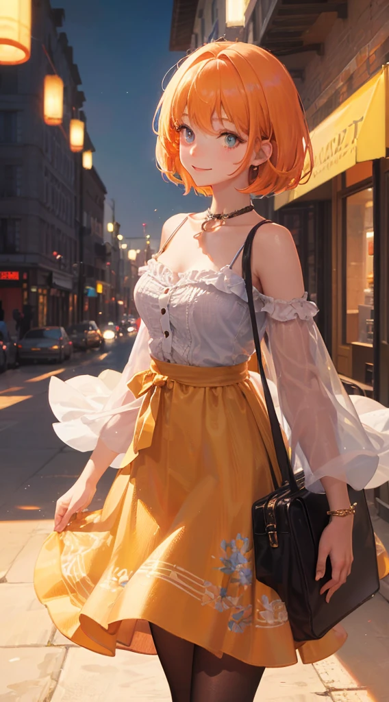 (Art by Cornflower),(Lens flare adds a nice touch),((highest quality)), ((masterpiece)), A girl with beautiful deep eyes,Orange short hair,smile,Bokeh,cinematic lighting,summer,In town