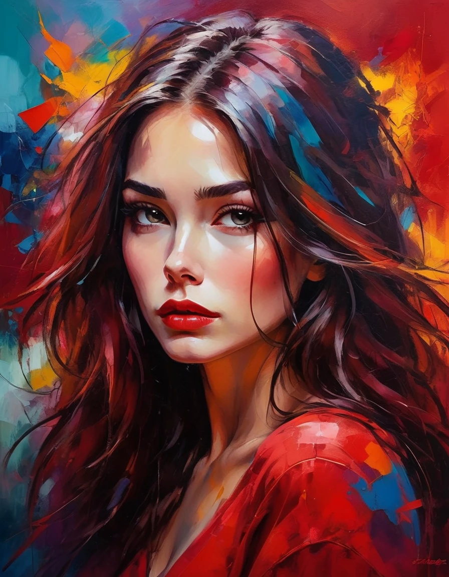 赤い背景の美しい女性, 長い髪, ボサボサの髪, ふっくらとした唇, 明るい色, カラフルな筆致, 油絵スタイル, 表現力豊かな, 抽象的な, 上級, 感情に満ちた, 神秘的な照明, 劇的, そして深い悲しみ.