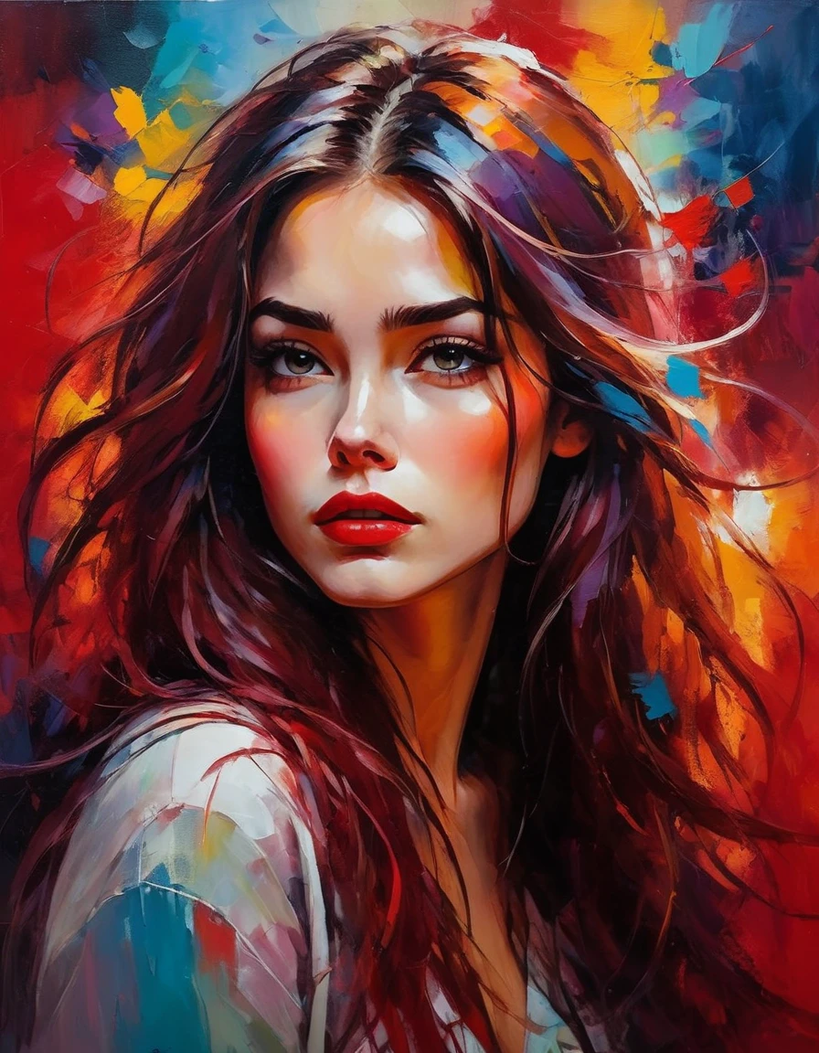 赤い背景の美しい女性, 長い髪, ボサボサの髪, ふっくらとした唇, 明るい色, カラフルな筆致, 油絵スタイル, 表現力豊かな, 抽象的な, 上級, 感情に満ちた, 神秘的な照明, 劇的, そして深い悲しみ.