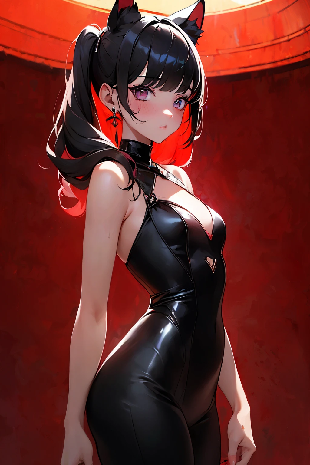 ,((long hair slightly wavy slightly past the shoulders, black bangs, small black pigtails on the sides, cute cat ears, beautiful thin red eyes,)),(masterpiece:1.2), Best Quality, (illustration:1.2),Eye focus,(Masterfully Crafted Glow:1.3), (ultra detailed), hyper details, (delicate detailed), (intricate details), (cinematic light, Best Quality Backlights), clear line,Only women,(fear,nightmare,Strain,suspended,Murder), Only women, perfect body, (1 girl), (Glowing bioluminescent hair, bright glowing red eyes), (together drenched in blood),(translucent clothing:1.1), eyes wide open,together, (dynamic:1.2), ((make up)), high contrast, (better lighting, an extremely delicate and beautiful), ((cinematic light)), showy,((Pastel painting with Photoshop:1.1)), horror, (cinematic masterpiece), feroz, powerful, blood splash, absolutely striking, ((blood splash coloridas en el fondo, Dulux,)), ((caustic)), Dynamic Angle,beautiful detailed glitter, (captivating),(Intricate and detailed cinematic background),scary, ornate background, detailed magic circle, dodge color, light motion blur, blood splash, black light swirling around the character, depth of field,black light particles,(broken glass),magic circle, grotesque scene, (holy war action scene, intricate battlefield),(Slaughter:1.1), red rain, (Raining blood)