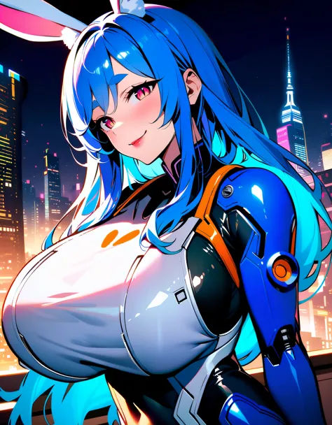 masterpiece, high quality, extremely detailed, 1girl, milf, solo, bunnygirl, pekomama, (huge breasts:1.5), ((((blue hair), long hair, pink eyes, slit pupils, rabbit ears))), red lips, (((mechanical bodysuit, blue-syriped bodysuit))), ((naughty smile), clos...