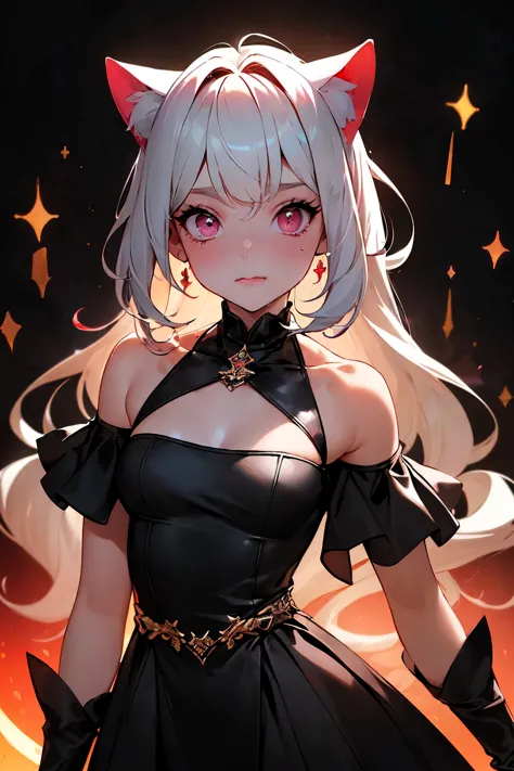 ,((long hair slightly wavy slightly past the shoulders, black bangs, small black pigtails on the sides, cute cat ears, beautiful...