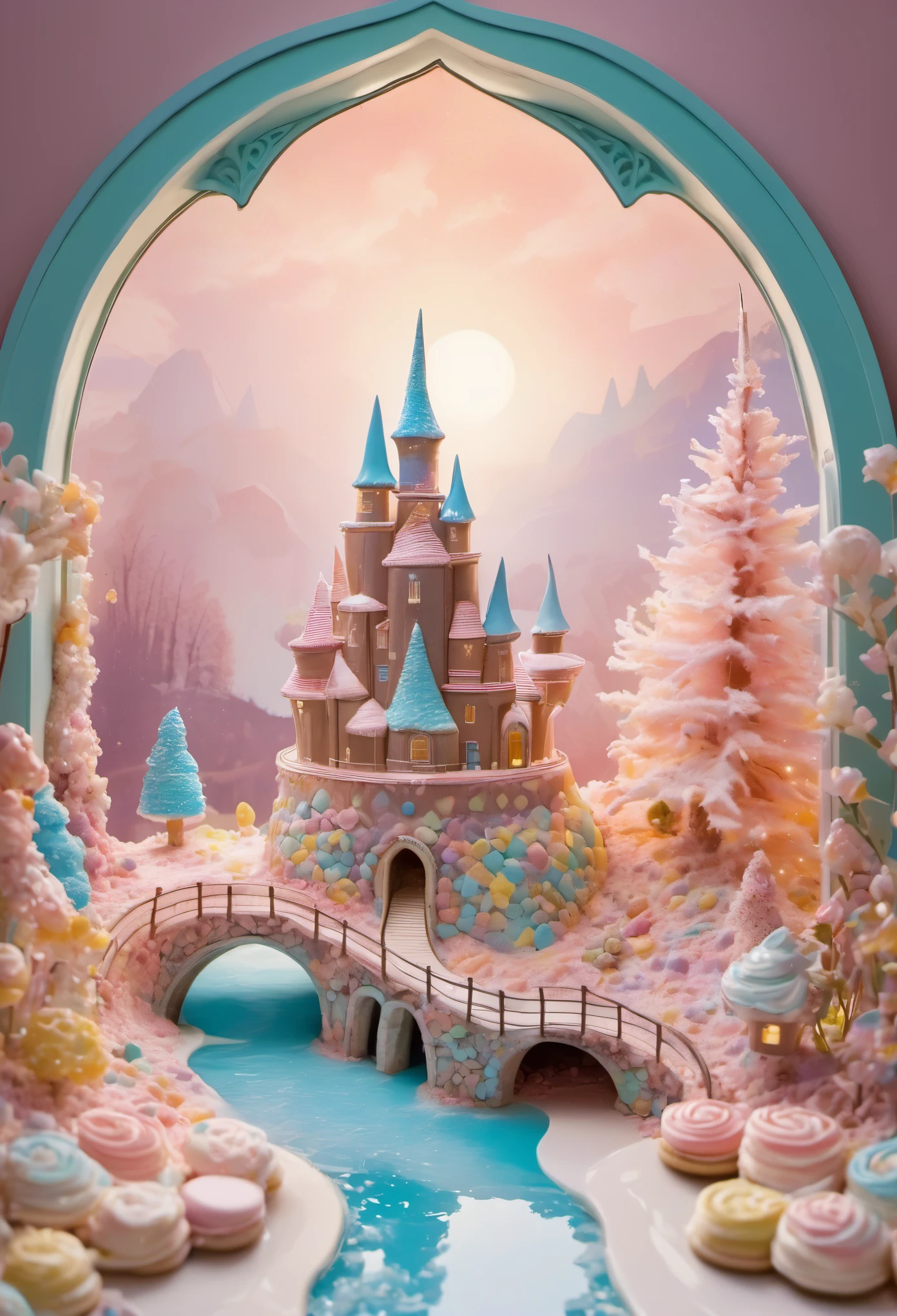 Chocolate Wall Castle, Cookies window, Marshmallow Roof,pastel colors, Fantasy lights, fantasy setting, Sweet, Charming atmosphere, Mouthwatering details, Complex buildings, Magical environment, Sweet joy, Vibrant and whimsical, Fairytale landscape, visually stunning, exquisite craftsmanship, Pleasing beauty, Exquisite sugar sculpture, Pleasing texture, Creamy smooth, indulgent treat, Candy heaven, Sweet and seductive, Sweet wonderland, Delicious and magical.