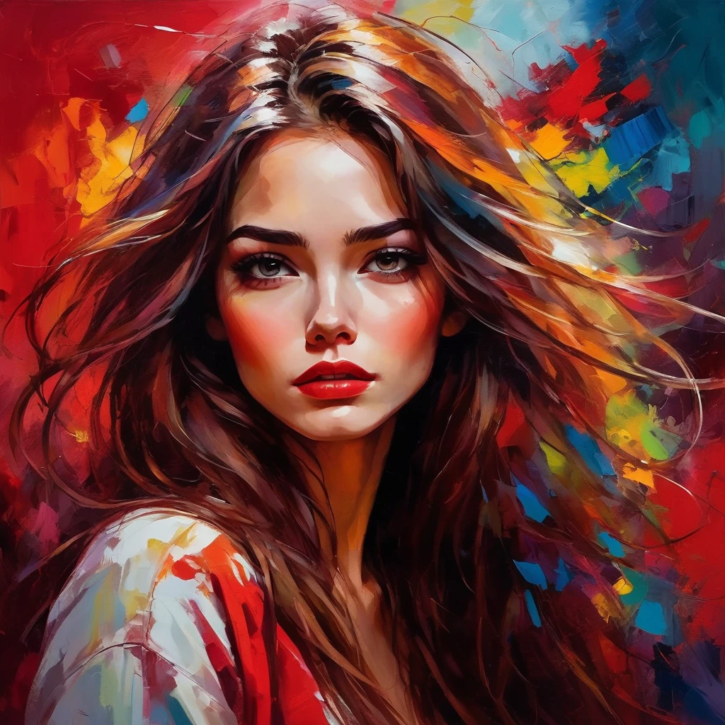 Una mujer hermosa con un fondo rojo., pelo largo, Pelo despeinado, labios llenos, Colores brillantes, pinceladas de colores, estilo de pintura al óleo, expresivo, Abstracto, nivel alto, lleno de emociones, iluminación misteriosa, dramático, y tristeza profunda.
