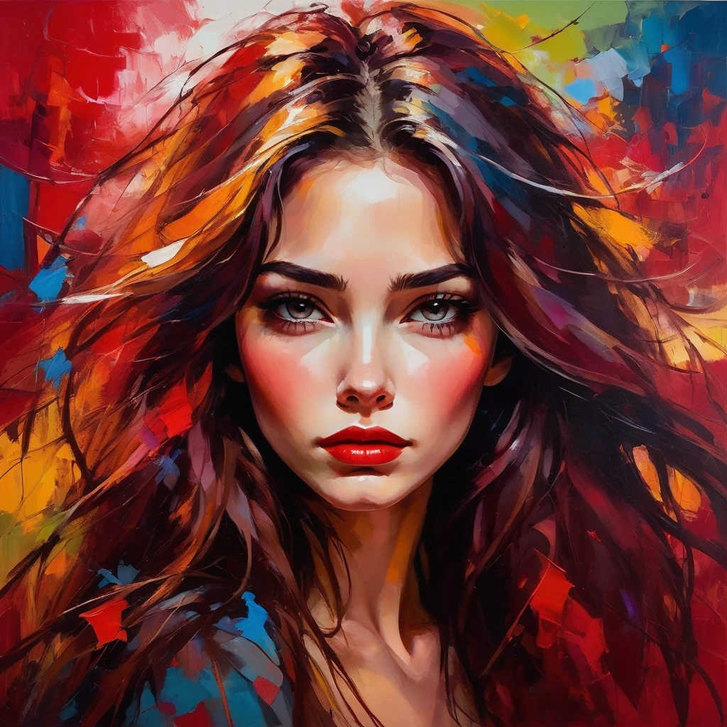 赤い背景の美しい女性, 長い髪, ボサボサの髪, ふっくらとした唇, 明るい色, カラフルな筆致, 油絵スタイル, 表現力豊かな, 抽象的な, 上級, 感情に満ちた, 神秘的な照明, 劇的, そして深い悲しみ.
