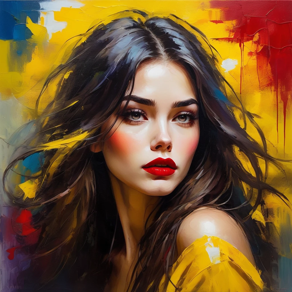 A beautiful woman with a yellow background, long hair, messy hair, full red lips, bright colors, colorful brushstrokes, oil painting style, expressive, abstract, high-level, full of emotions, mysterious lighting, dramatic, and deep sadness.
