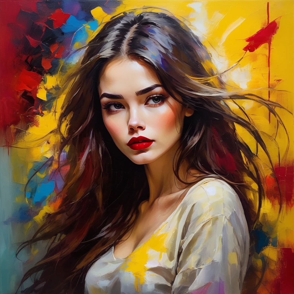 Une belle femme avec un fond jaune, cheveux longs, Les cheveux en désordre, lèvres rouges pleines, couleurs vives, coups de pinceau colorés, style de peinture à l&#39;huile, expressif, Abstrait, de haut niveau, plein d&#39;émotions, éclairage mystérieux, Spectaculaire, et une profonde tristesse.
