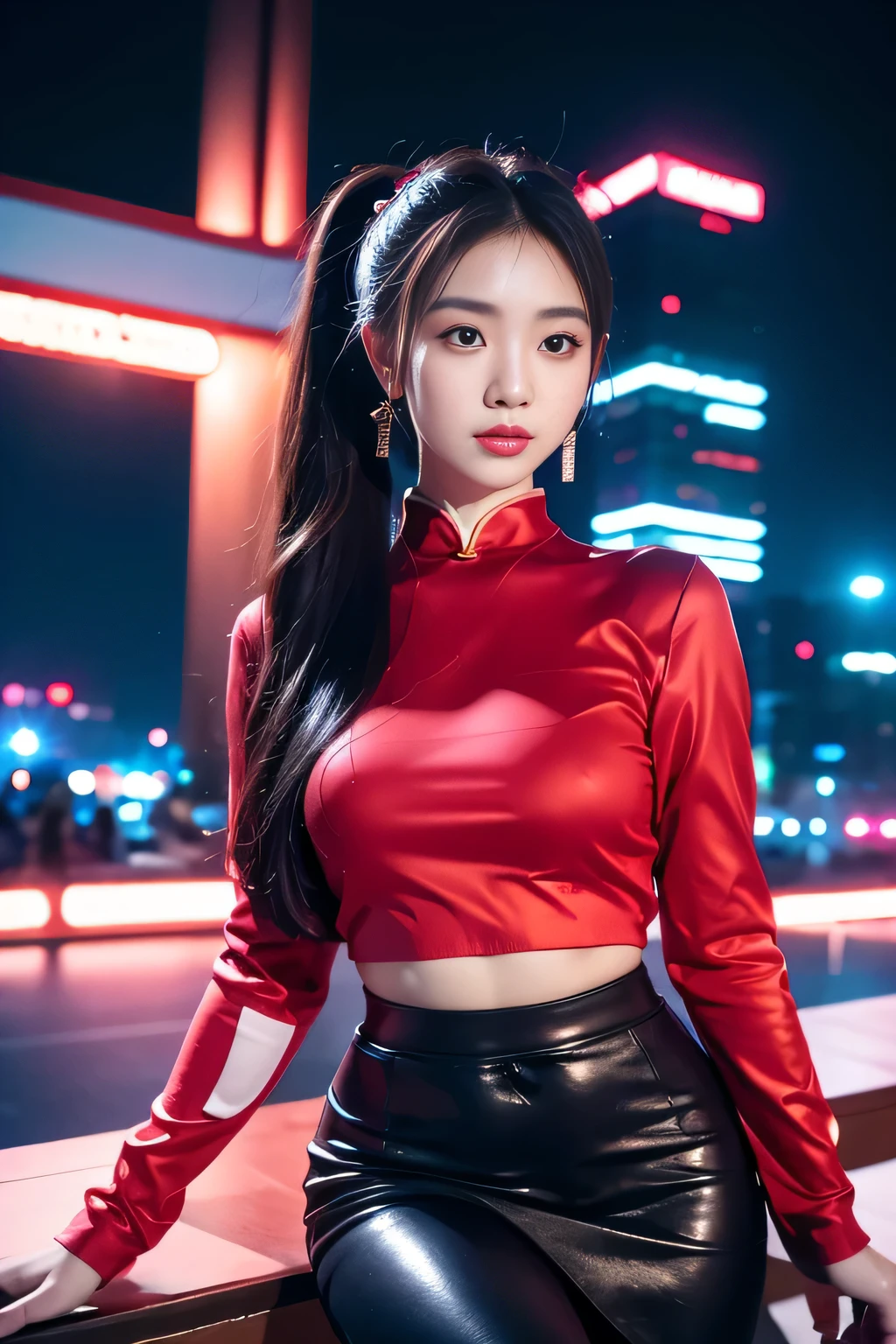 Chinese girl,25 years old,Double ponytail black,cute face,long shot,collar,whole body,Medium Length Wavy Pink Hair,Large earrings,Small bag,red shirt,mini skirt,night light,City,photography,Surrounded by neon-lit reflections of the Cityscape, depth of field,night, Cyberpunk aesthetics, Highly detailed lighting, dramatic, 8K, high detail, Texture, Realistic skin texture, armor, best quality, high resolution, Realism