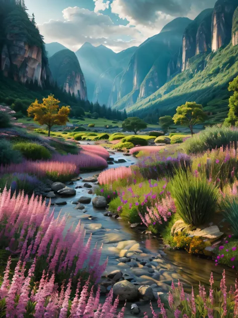 painting of a valley with a stream running through it, in a valley, valley, lush valley, lovely valley, stunning scenery, vast l...