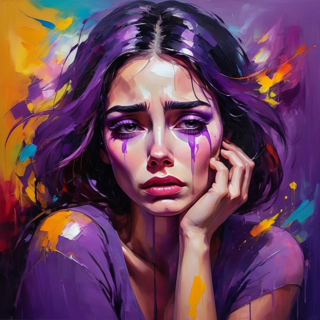 Una mujer llorosa con un fondo morado., Colores brillantes, pinceladas de colores, estilo de pintura al óleo, expresivo, Abstracto, nivel alto, lleno de emociones, iluminación misteriosa, dramático, y tristeza profunda.