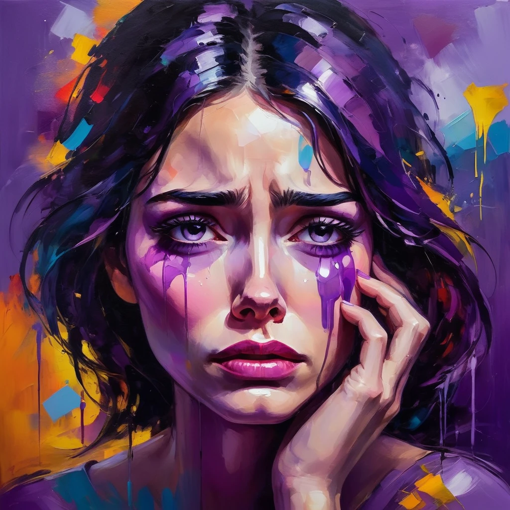 A tearful woman with a purple background, bright colors, colorful brushstrokes, oil painting style, expressive, abstract, high-level, full of emotions, mysterious lighting, dramatic, and deep sadness.