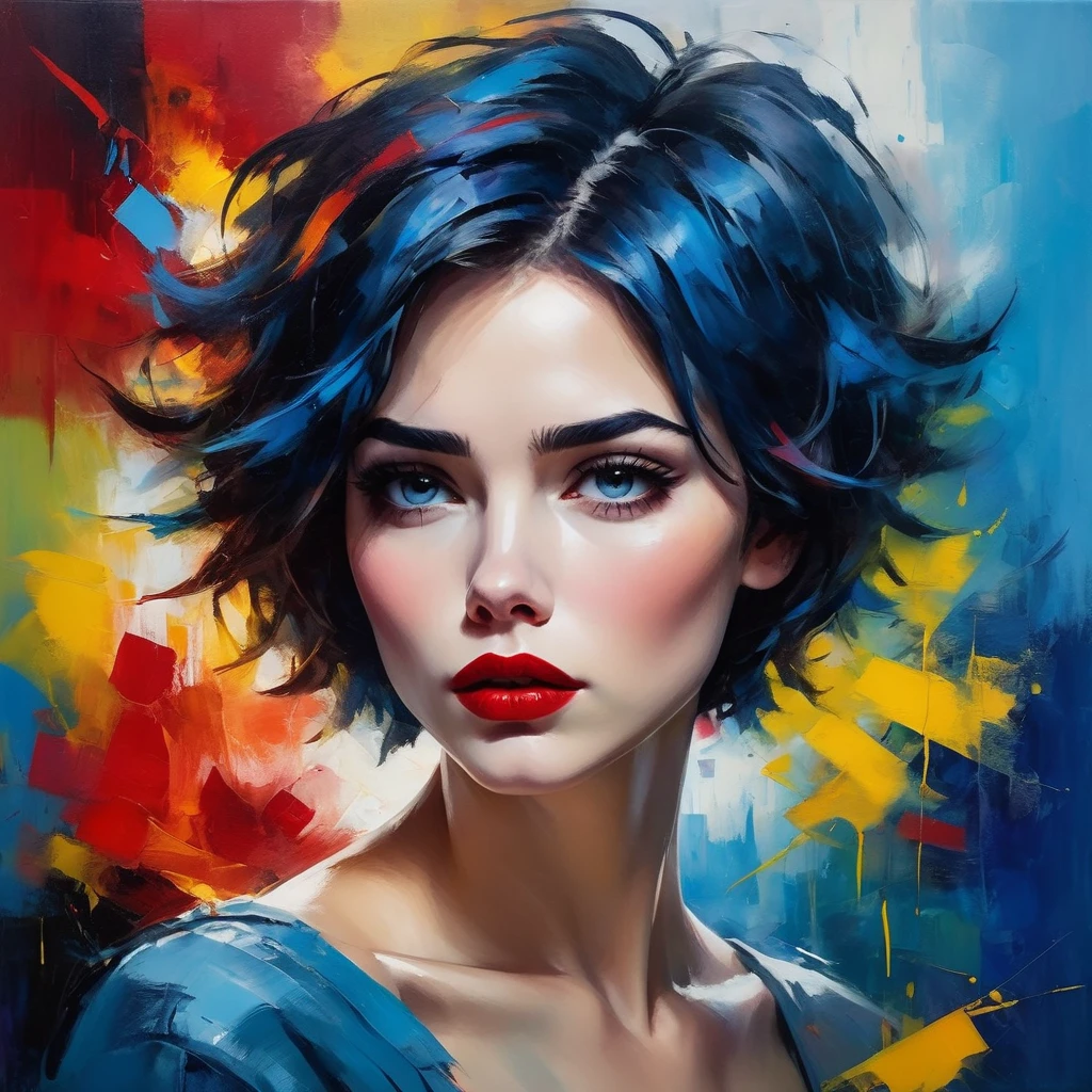 青い背景の美しい女性, ショートヘア, ボサボサの髪, 真っ赤な唇, 明るい色, カラフルな筆致, 油絵スタイル, 表現力豊かな, 抽象的な, 上級, 感情に満ちた, 神秘的な照明, 劇的, そして深い悲しみ.