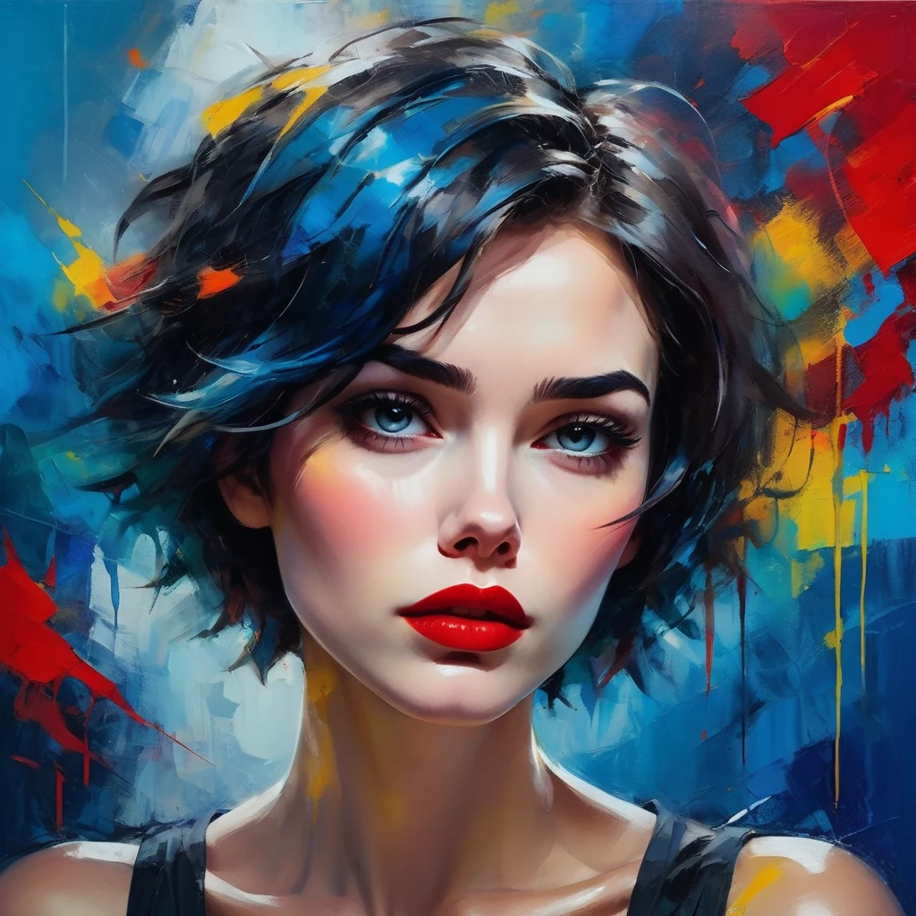 Una mujer hermosa con un fondo azul., cabello corto, Pelo despeinado, labios rojos llenos, Colores brillantes, pinceladas de colores, estilo de pintura al óleo, expresivo, Abstracto, nivel alto, lleno de emociones, iluminación misteriosa, dramático, y tristeza profunda.