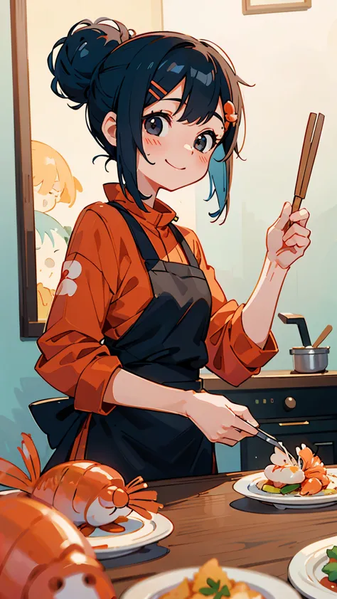 1 girl、anime painting、Cute shrimp woman cooking delicious food in the kitchen、Beautiful brown and jet black eyes、light blue hair...