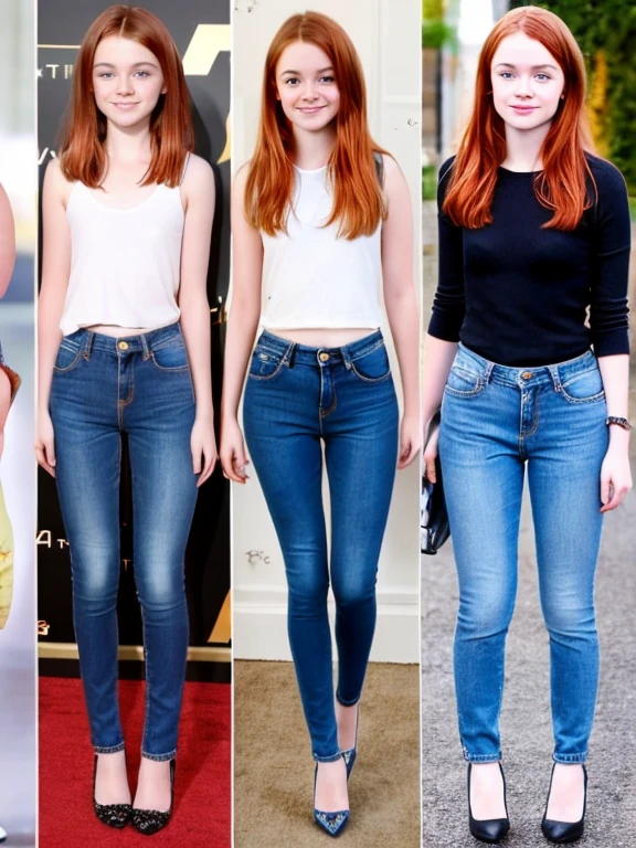 Facing the&#39;adolescente Sadie sink , pale skin, baby face,large thigh gap jeans, Hugh heels 