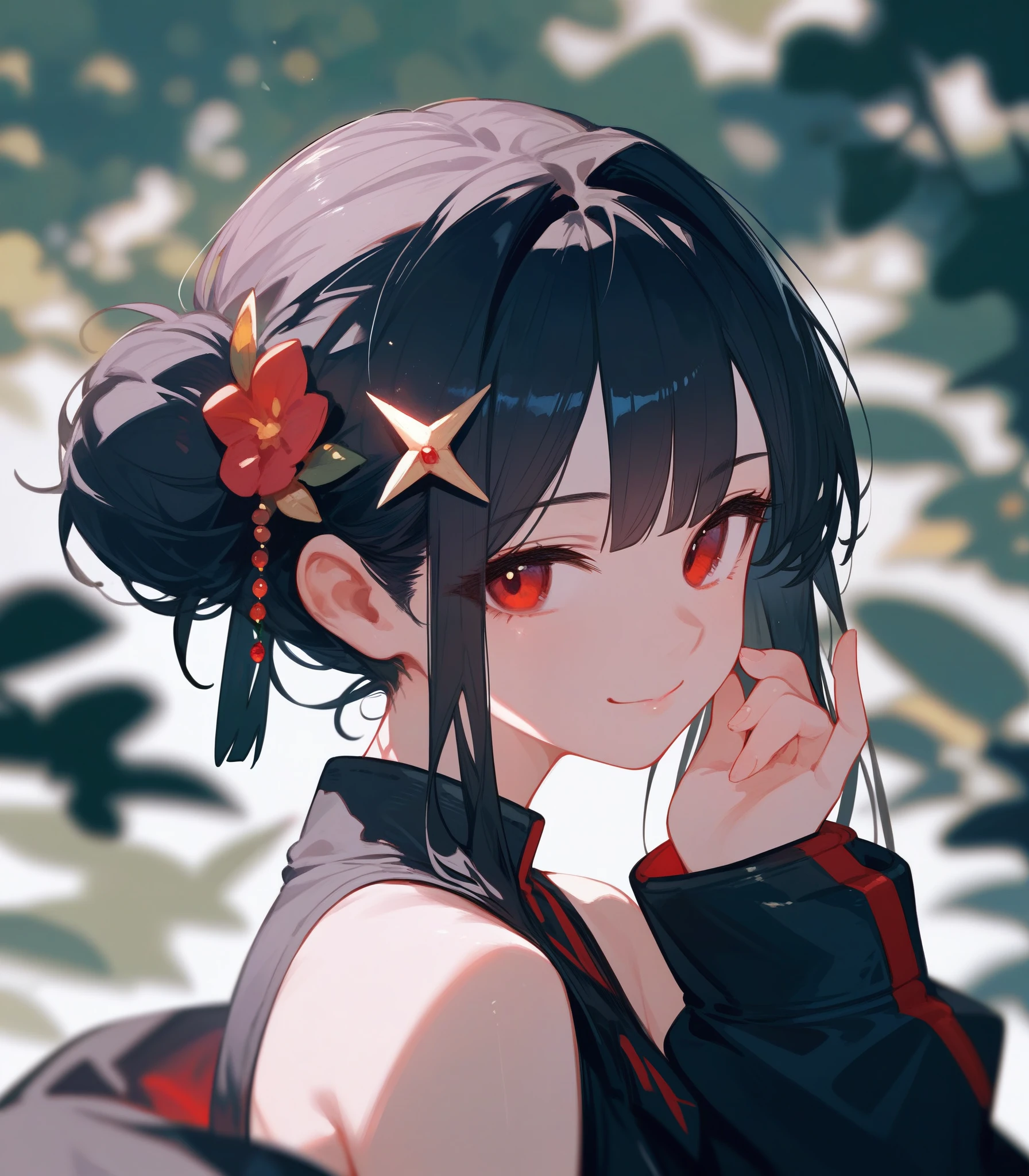 (score_9,score_8_up,score_7_up),1girl,solo,red eyes,black hair,long hair,looking at viewer,smile,upper body,hair bun,bare shoulders,hair ornament,bangs,off shoulder,closed mouth,jacket,sleeveless,hand up,blurry,sidelocks,black jacket,long sleeves,