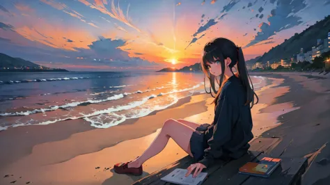  highest quality,Girl sitting on the beach，Watch the sunrise and sunset、long black hair、night