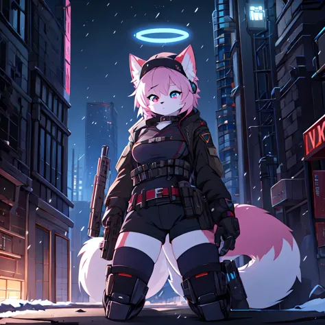 Kawaii, pink striped Fluffy Fox, Pink hair, left eye is red, right eye is blue, heterochromia, Solo, body fur, on the night dese...
