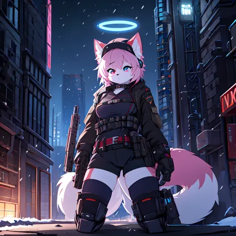 kawaii, pink striped fluffy fox, pink hair, left eye is red, right eye is blue, heterochromia, solo, body fur, on the night dese...