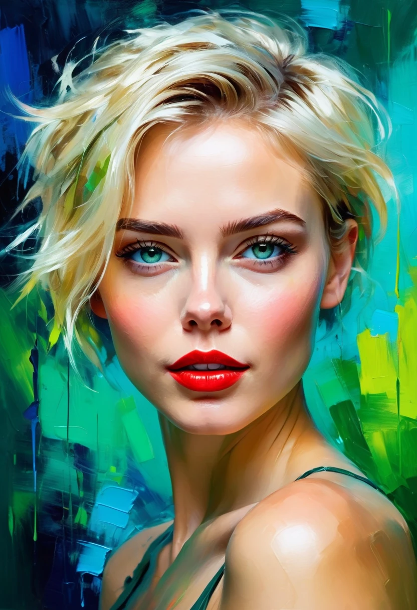 Una hermosa mujer con un fondo verde., pelo corto rubio, Pelo despeinado, labios rojos llenos,blue eyes,  Colores brillantes, pinceladas de colores, estilo de pintura al óleo, expresivo, Abstracto, nivel alto, lleno de emociones, iluminación misteriosa, dramático, y sonríe.