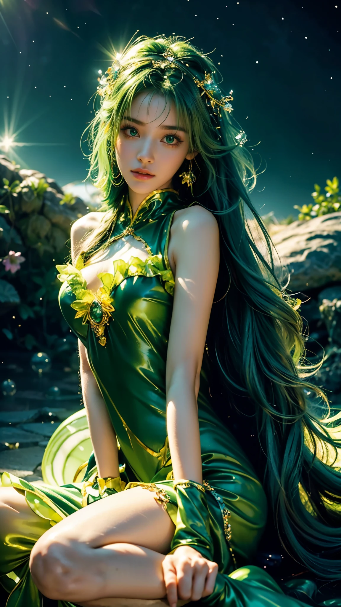 4KウルトラHD, 傑作, 魔法のようなオーラを持つ少女, (いい顔:1.2), 非常に長い髪, 詳細な目, 光沢のある唇, ロリータコスチューム, (緑の衣装:1.5), 体の周りのオーラ, 魔法の効果, 白い光を広げる, 宇宙の要素と霊妙な雰囲気, 明るい光と色鮮やかな星雲のミックス, 宇宙の背景, 完璧なボディ, 座っている,