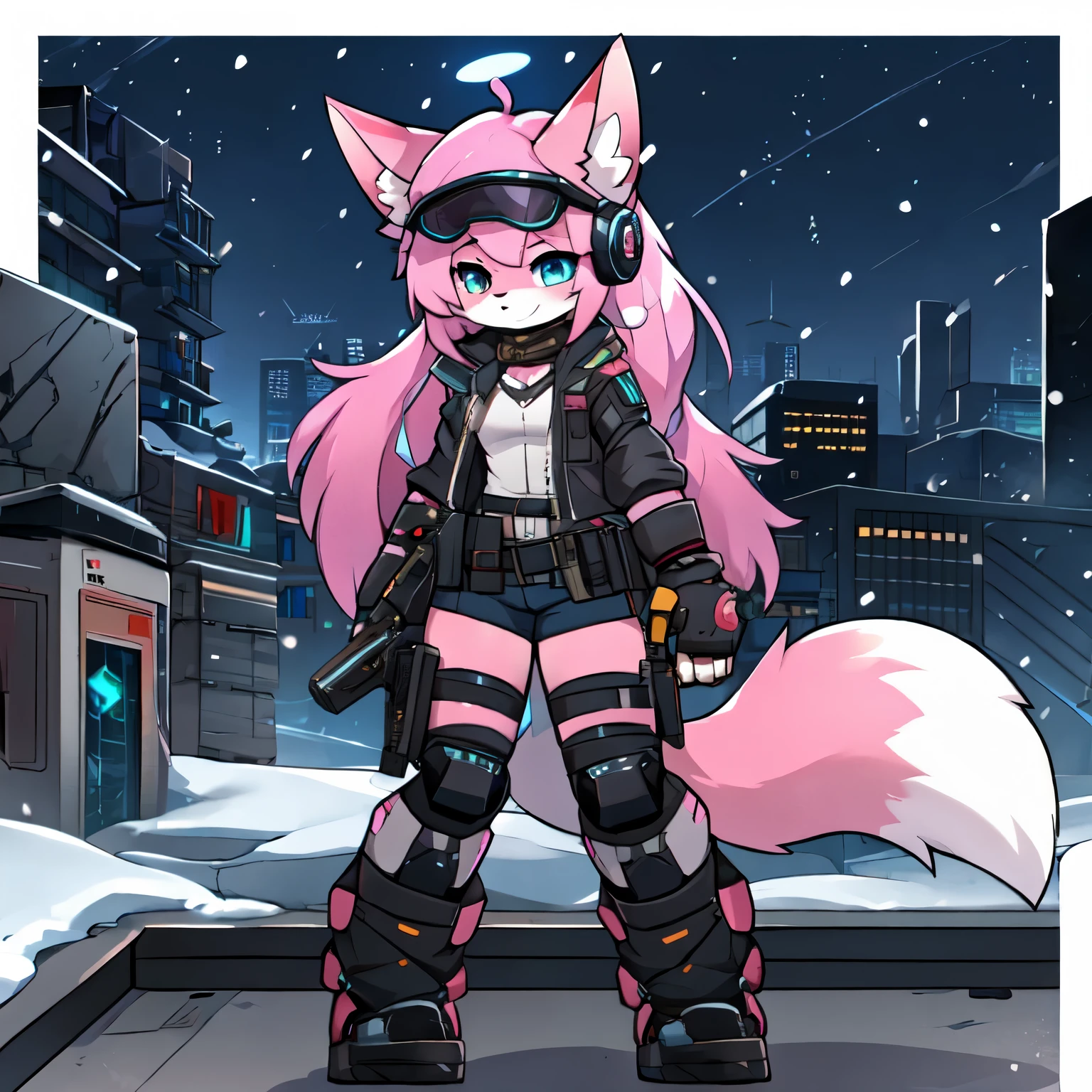 Kawaii, pink striped Fluffy Fox, Pink hair, left eye is red, right eye is blue, heterochromia, Solo, body fur, on the night deserted city with ruins and snowing followed Cold weather, synthetic tissue skin, cybernetic prosthetics, cybernetical servo prosthetic legs, digital headphone with HUD, mech suit, mech body parts, cybernetical prosthetic arms, over-sized long blouse with ribbons, thigh-high-socks, shorts, Grey long Sleeve loose Military hood jacket, tactical gun holsters in thigh, Mechanical boots, only one fluffy tail, metallic knee pads, tactical belted loose Arm Sleeves, Digital Screened gloves, chest rigs, tactical belts, Blue archive halo, Submachine Gun holded on left hand, bulletproof goggles, respirators on the neck, baseball hat,