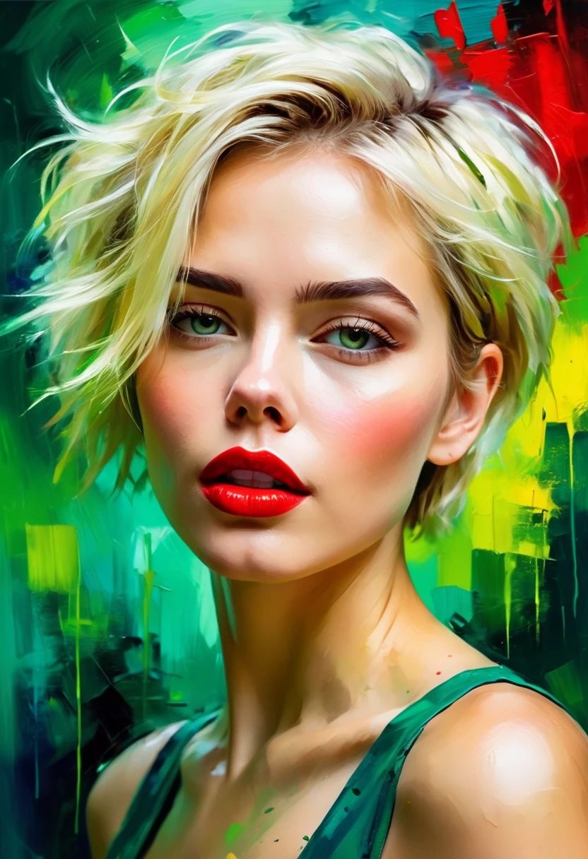 A beautiful woman with a green background, short blonde hair, messy hair, full red lips, bright colors, colorful brushstrokes, oil painting style, expressive, abstract, high-level, full of emotions, mysterious lighting, dramatic, and deep sadness.