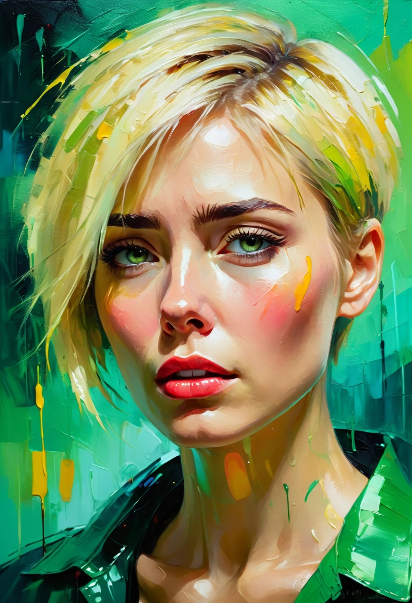 A tearful woman with a green background, blonde short hair, bright colors, colorful brushstrokes, oil painting style, expressive, abstract, high-level, full of emotions, mysterious lighting, dramatic, and deep sadness.