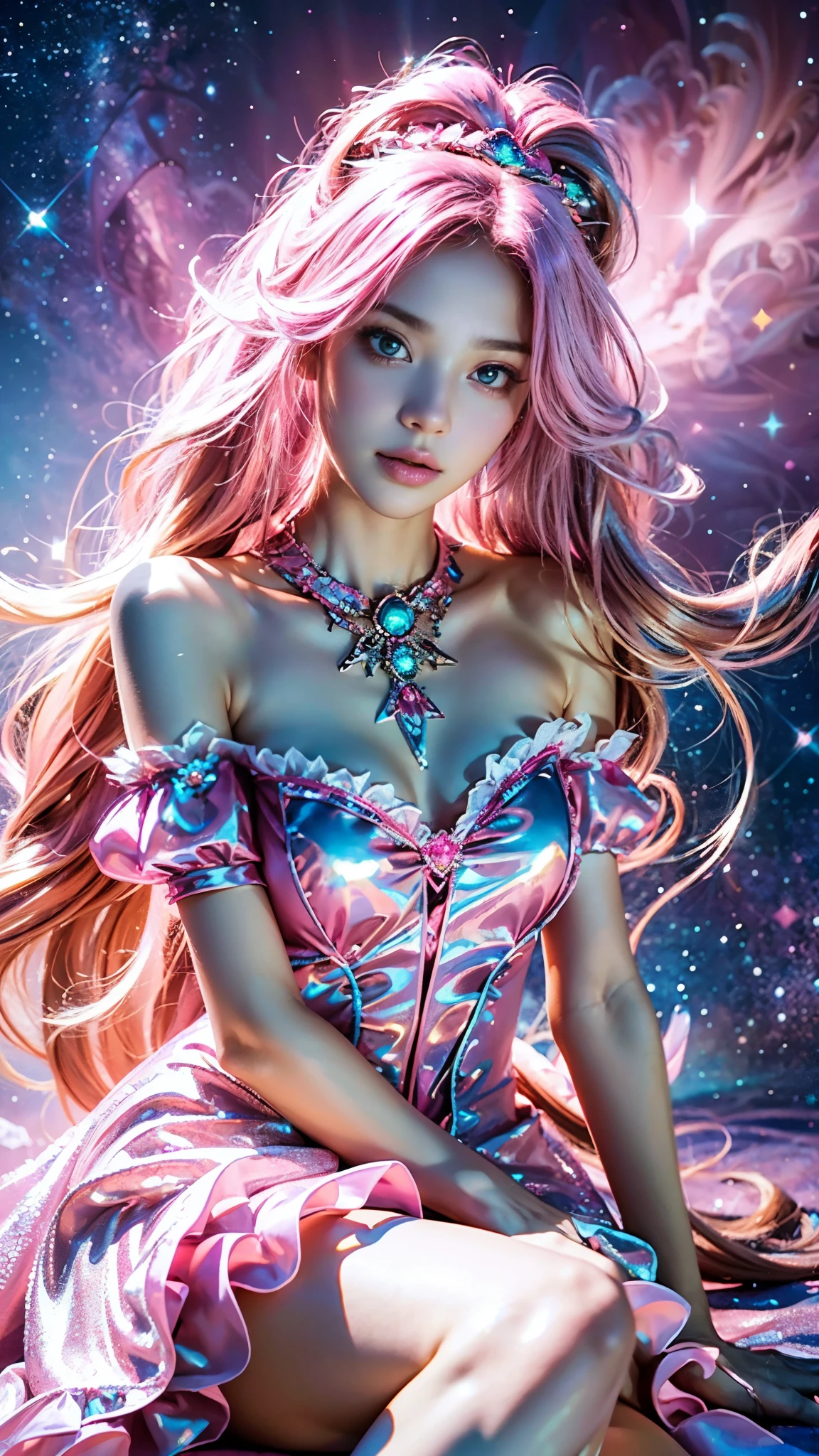 4K Ultra HD, Masterpiece, A girl with a magical aura, (good face:1.2), very Long hair, Detailed eyes, Glossy lips, Lolita costume, (pink costume:1.5), The aura around the body, Magical effect, Spread white light, Cosmic elements and ethereal atmosphere, A mix of bright lights and colorful nebulae, universe background, Perfect body, sitting,