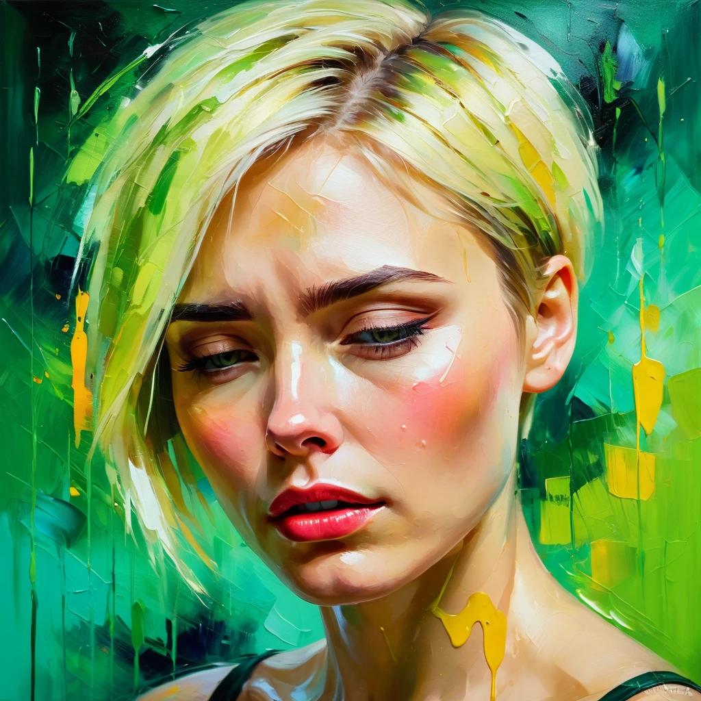 Una mujer llorosa con un fondo verde., pelo corto rubio, Colores brillantes, pinceladas de colores, estilo de pintura al óleo, expresivo, Abstracto, nivel alto, lleno de emociones, iluminación misteriosa, dramático, y tristeza profunda.