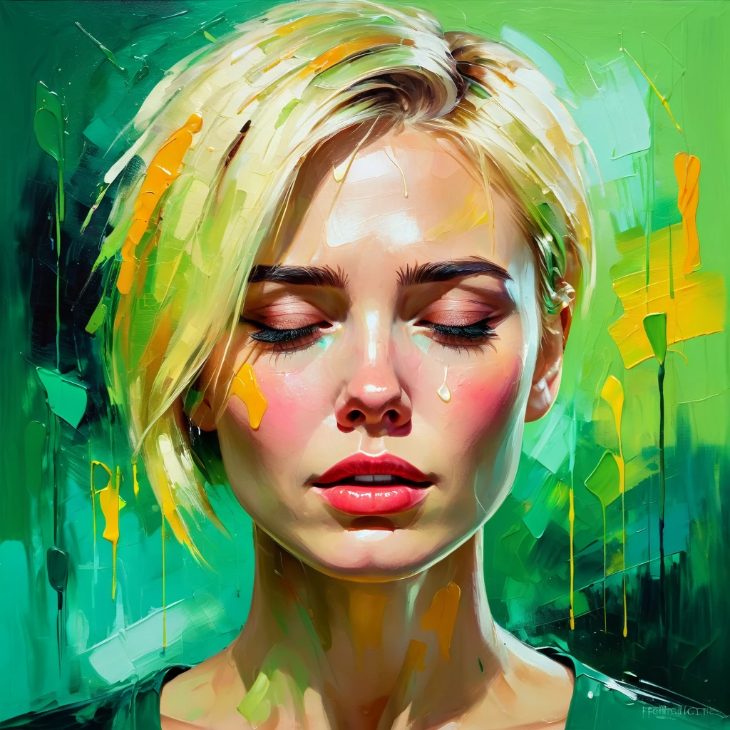 A tearful woman with a green background, blonde short hair, bright colors, colorful brushstrokes, oil painting style, expressive, abstract, high-level, full of emotions, mysterious lighting, dramatic, and deep sadness.