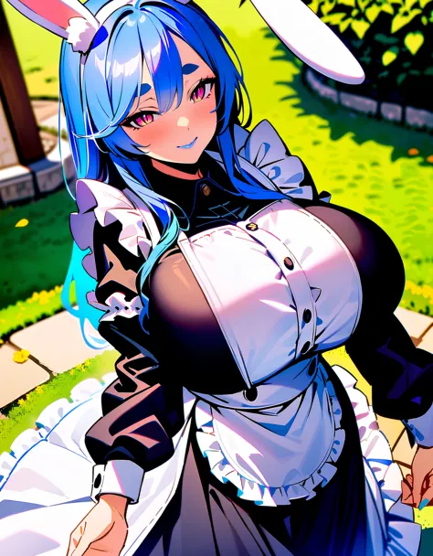 masterpiece, high quality, extremely detailed, 1girl, milf, solo, bunnygirl, pekomama, (huge breasts:1.5), ((((blue hair), long hair, pink eyes, slit pupils, rabbit ears))), blue lips, (((maid outfit, white apron, frilled apron, long sleeves, long skirt, f...
