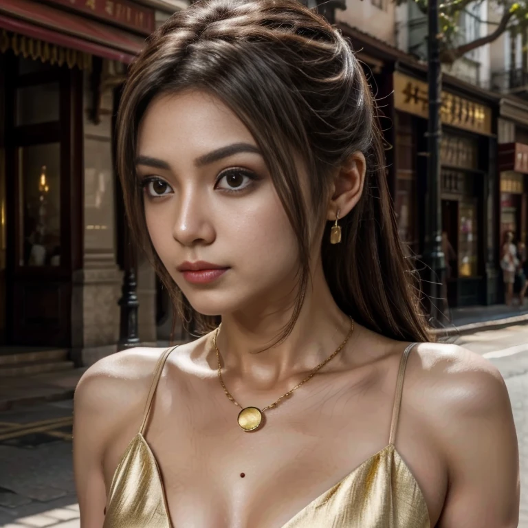 Asian super woman with long brown hair, age 20, possessing stunning beauty with intricate facial details and a flawless body. Adorned with gold earrings and a ruby necklace, she wears a silver dress featuring intricate details. The photo is captured in 8K quality, showcasing luxurious and gorgeous colors under the sunlight on the street. The focus is on her, with a close-up shot highlighting clear angles of her face and eyes, illuminated by the bright sunlight