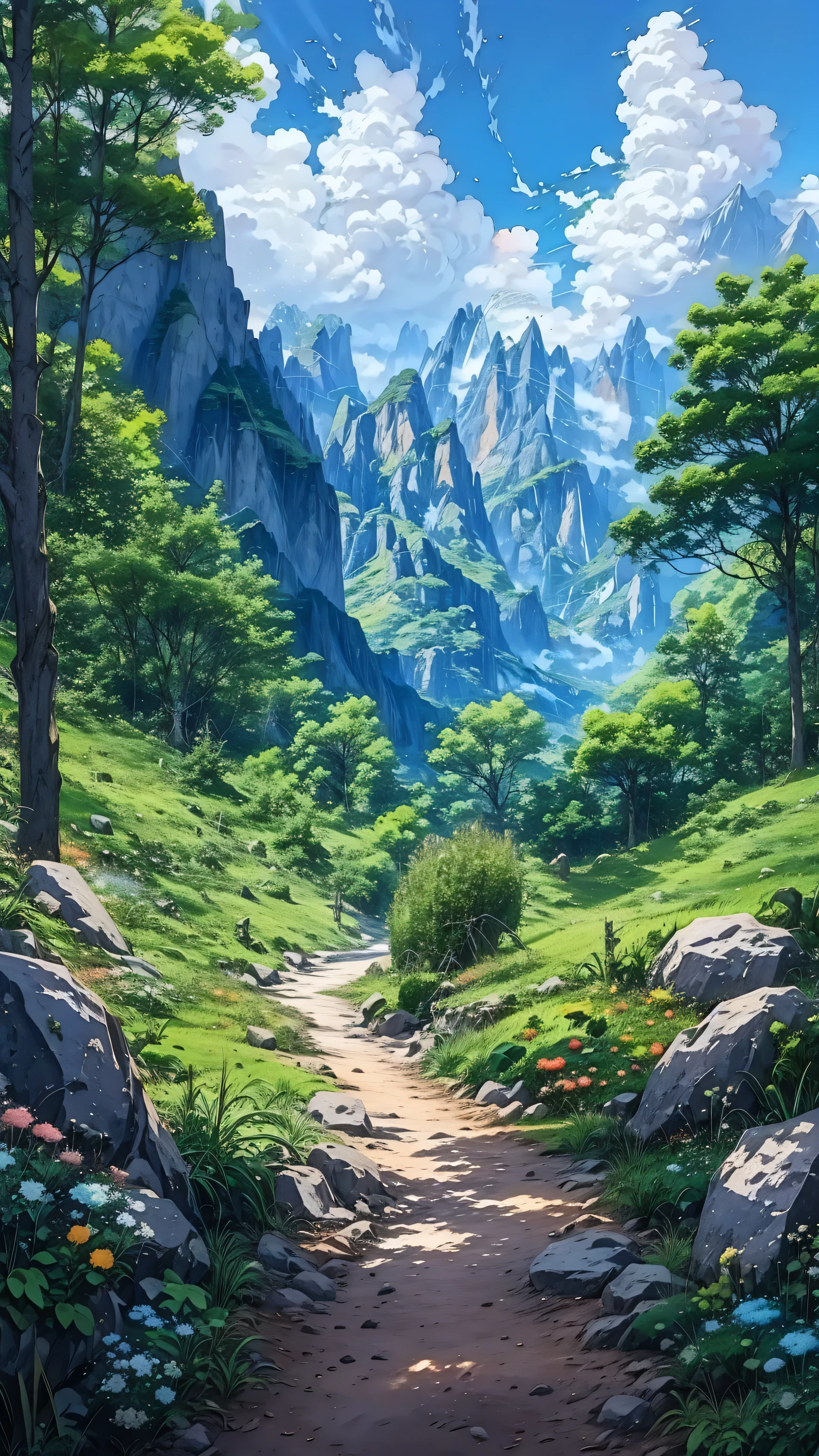 une peinture d'un chemin à travers une forêt luxuriante et verte avec des montagnes en arrière-plan, animé, nature, paysage animé, beautiful paysage animé, paysage animé, animé, nature wallpap, paysage de campagne animé, Paysage détaillé — largeur 672, paysage animé wallpaper, oeuvre de paysage, Art de fond d’anime, belle scène d&#39;anime, paysage animé concept art, anime belle scène de paix, art du paysage détaillé